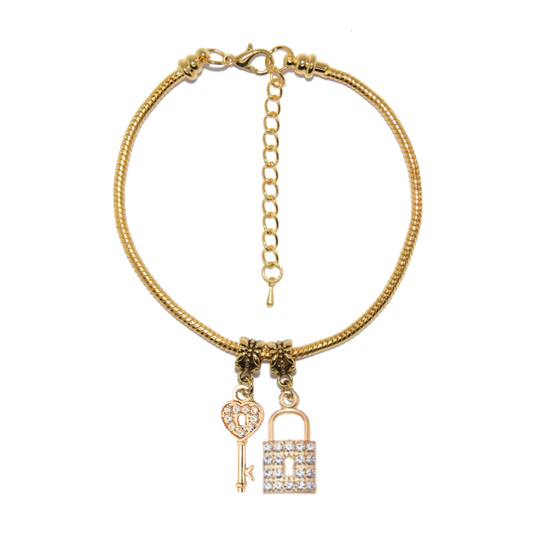 Gold Rhinestone Diamante Crystal Lock Key Chastity Keyholder Anklet