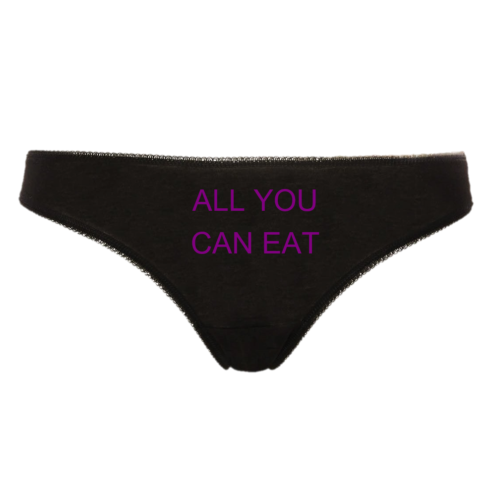 ALL YOU CAN EAT Hotwife Cuckold Clean Up Messy Pussy Slut Thong Panties Black Thong with Purple Logo Text
