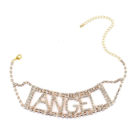 Rhinestone ANGEL Crystal Necklace Choker Collar - Gold