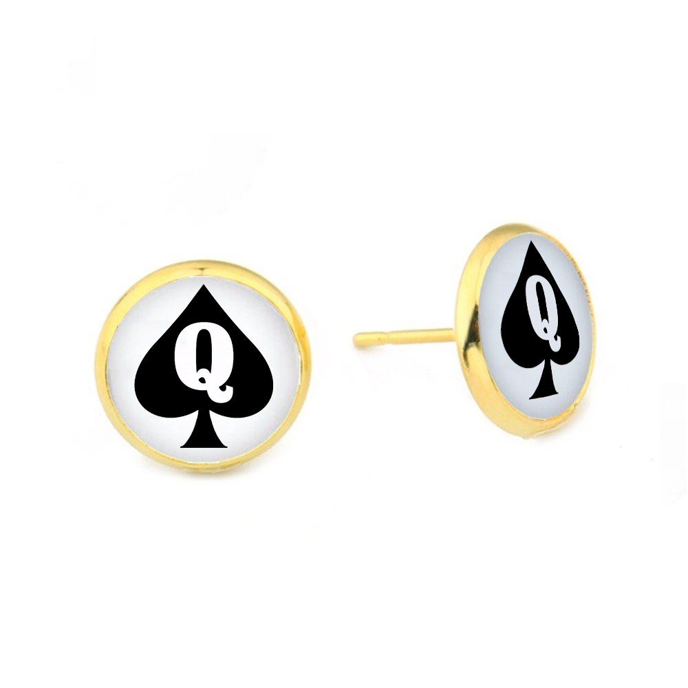 Queen Of Spade Dome Stud Earrings - Style 1 Big Black Cock Lover Gold Plated