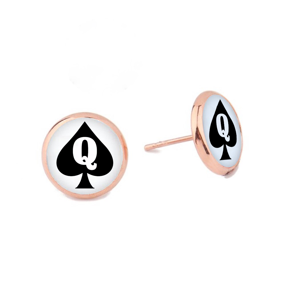Queen Of Spade Dome Stud Earrings - Style 1 Big Black Cock Lover Rose Gold Plated