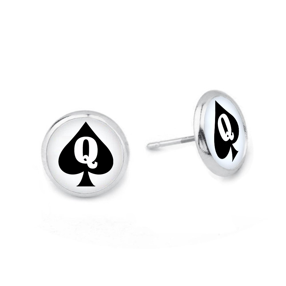 Queen Of Spade Dome Stud Earrings - Style 1 Big Black Cock Lover Silver Plated