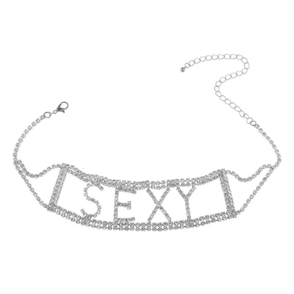 Rhinestone SEXY Crystal Necklace Choker Collar - Silver