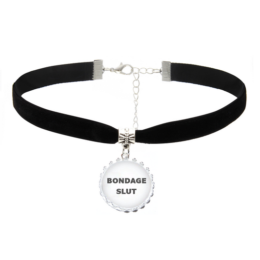 BONDAGE SLUT Black Velvet Neck Choker Necklace BDSM Tied Rope