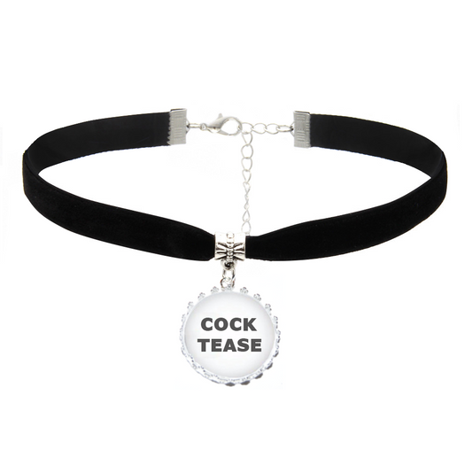 COCK TEASE Black Velvet Neck Choker Necklace for Flirt Slut Wife