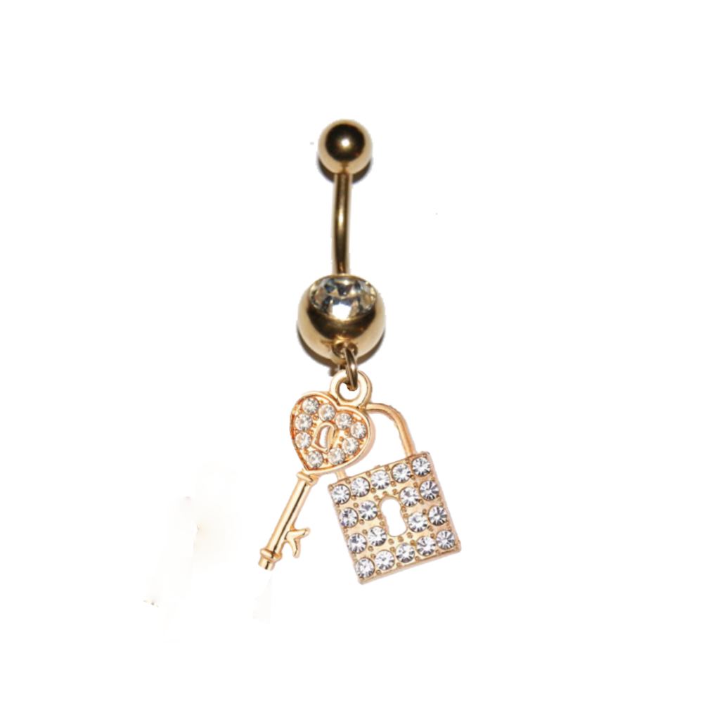 Gold Rhinestone Navel Belly Button Bar Piercing - Lock and Key Chastity