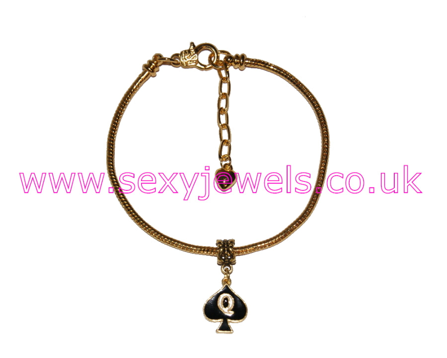 Queen Of Spades Enamel Charm Euro Anklet / Ankle Chain - Gold