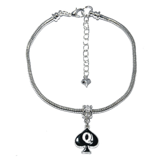 Queen Of Spades Enamel Charm Euro Anklet / Ankle Chain - Silver