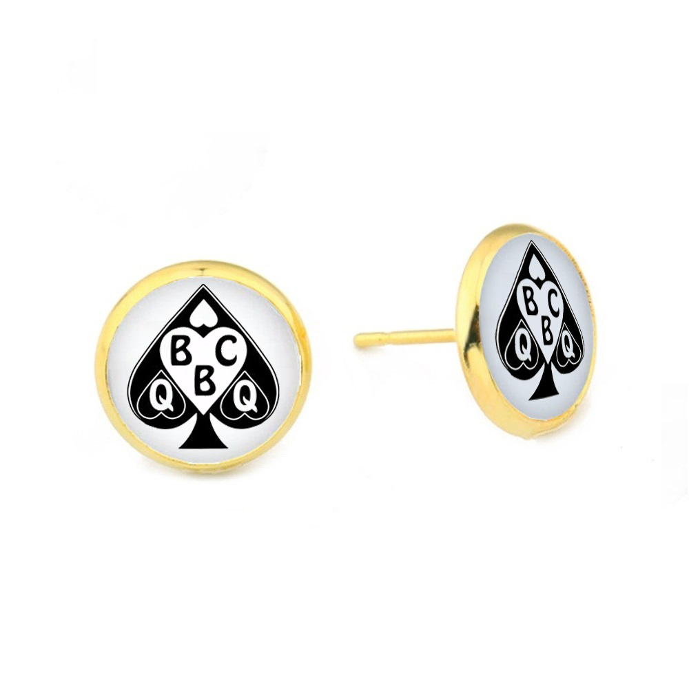 Queen Of Spade Dome Stud Earrings - Style 2 Big Black Cock Lover Gold Plated