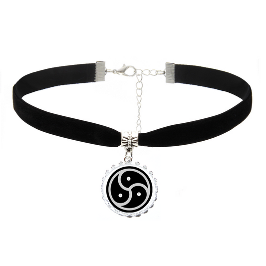 BDSM Black Triskelion Bondage Charm on Black Velvet Neck Choker Necklace