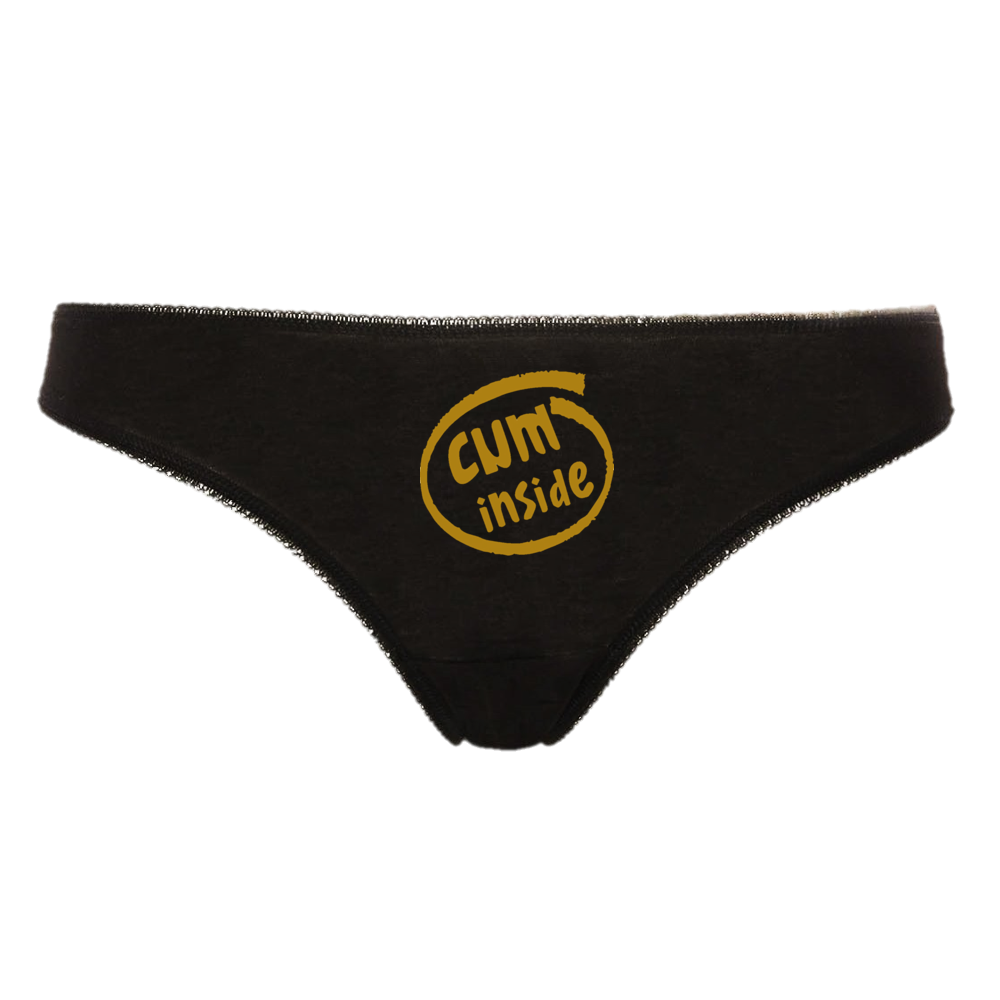 CUM INSIDE Hotwife Bareback Creampie Cuckold Clean Up Messy Pussy Slut Thong Panties Black thong with Gold Text / Logo