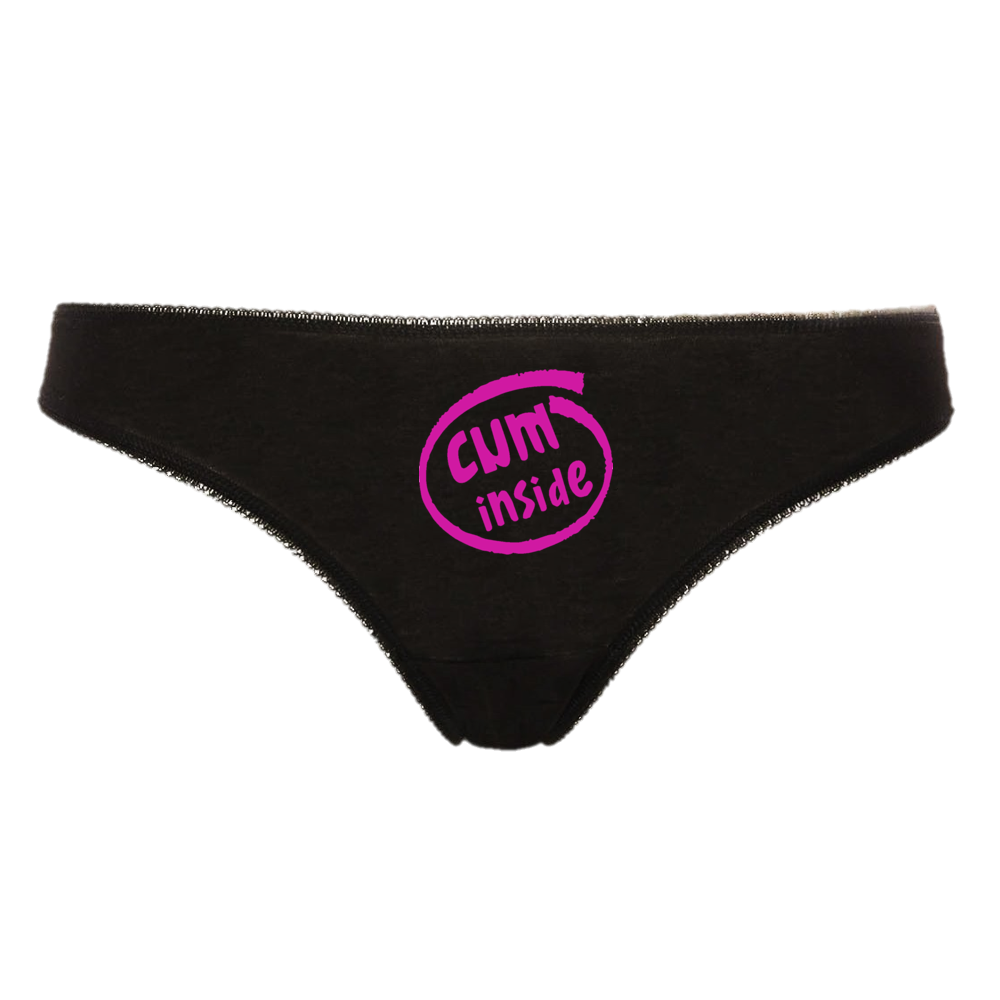 CUM INSIDE Hotwife Bareback Creampie Cuckold Clean Up Messy Pussy Slut Thong Panties Black thong with Hot Pink Text / Logo