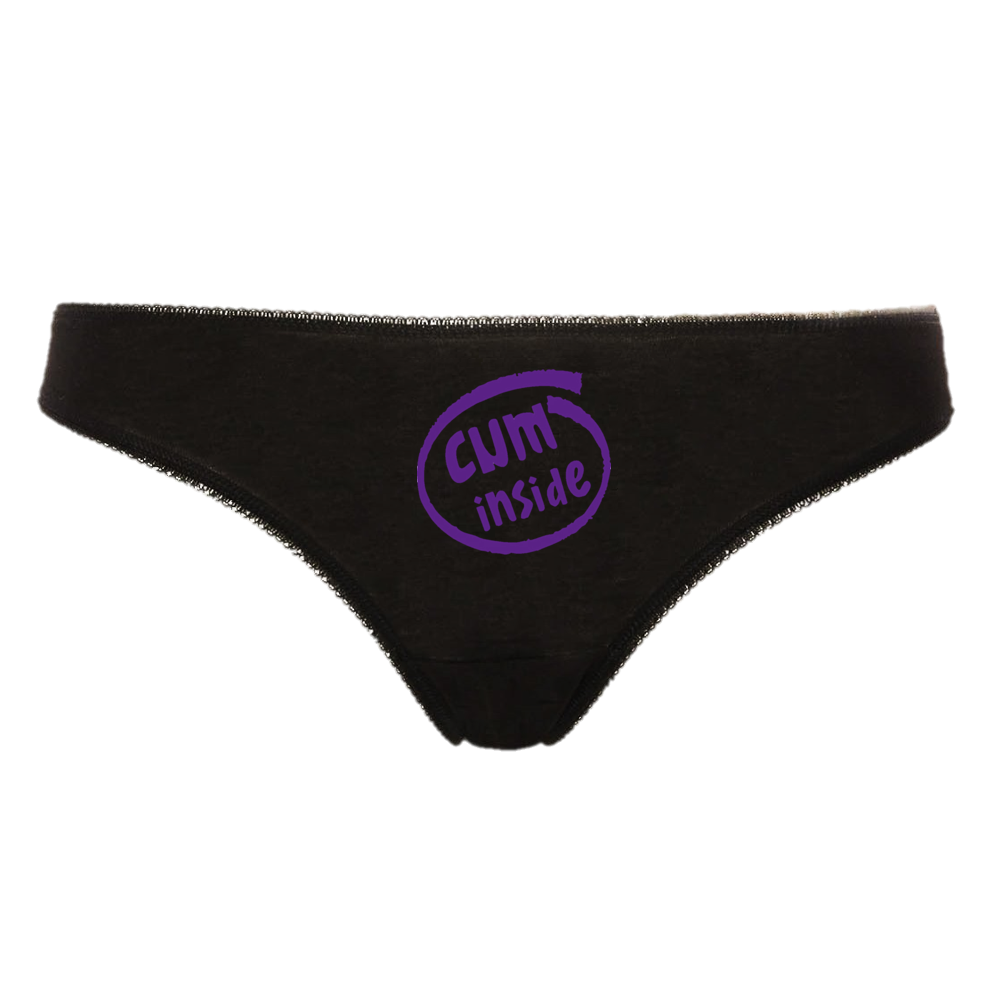 CUM INSIDE Hotwife Bareback Creampie Cuckold Clean Up Messy Pussy Slut Thong Panties Black thong with Purple Text / Logo