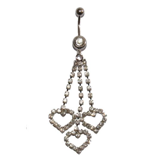 Navel Belly Button Bar Piercing - Diamante Dangling Hearts