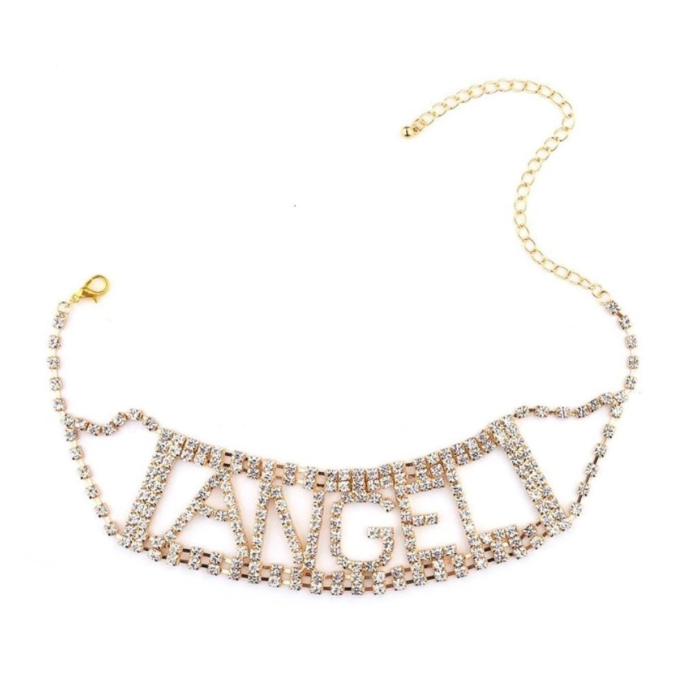 Rhinestone ANGEL Crystal Necklace Choker Collar - Gold