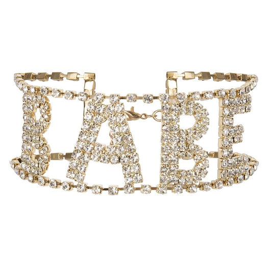 Rhinestone BABE Crystal Necklace Choker Collar - Gold
