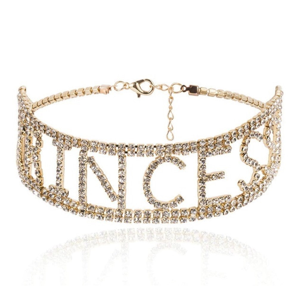 Rhinestone PRINCESS Crystal Necklace Choker Collar - Gold