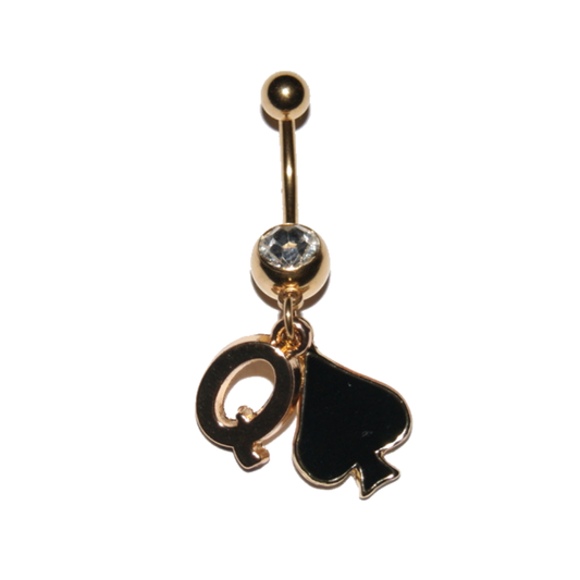 Gold Navel Belly Button Bar Piercing - Queen of Spades Style 2