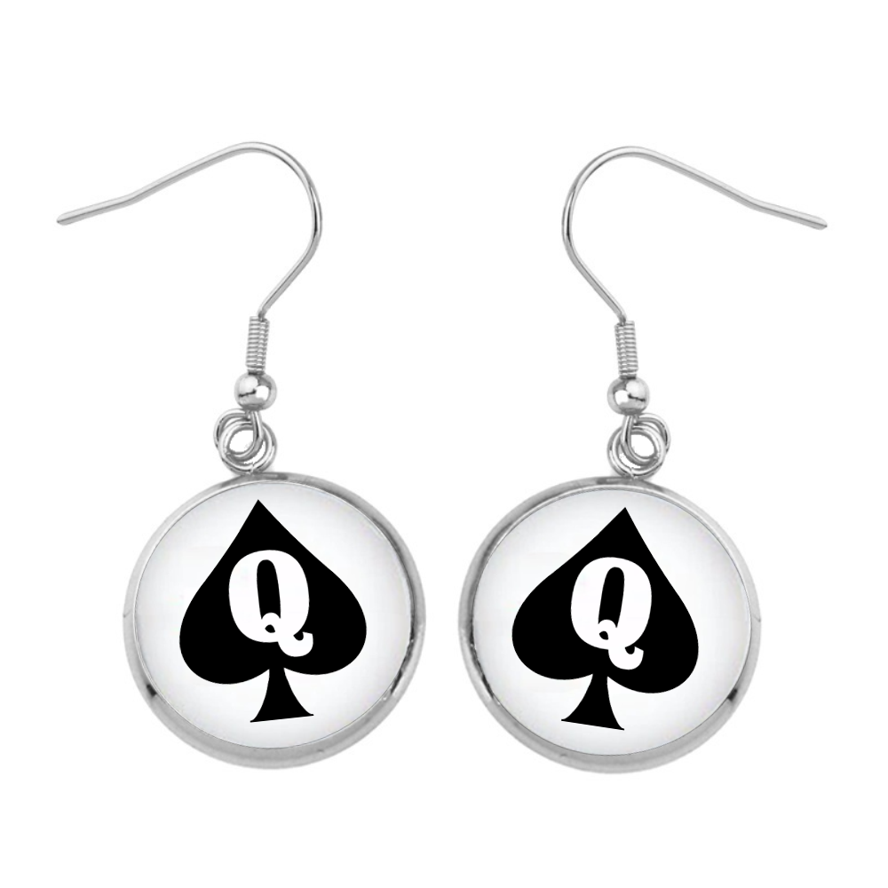 Queen Of Spade Dome Dangle Earrings - Style 1 Big Black Cock Lover Silver