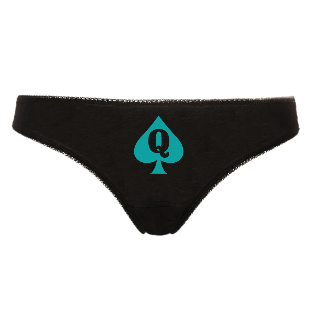 QUEEN OF SPADES Hotwife Cuckold BBC Slut For Black Cock Interracial Thong Panties Black Thong With Aqua/Turquoise Logo