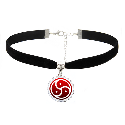 BDSM Red Triskelion Bondage Charm on Black Velvet Neck Choker Necklace