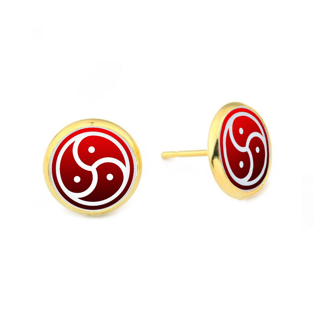 Red BDSM Bondage Triskelion Dome Stud Earrings Gold Plated