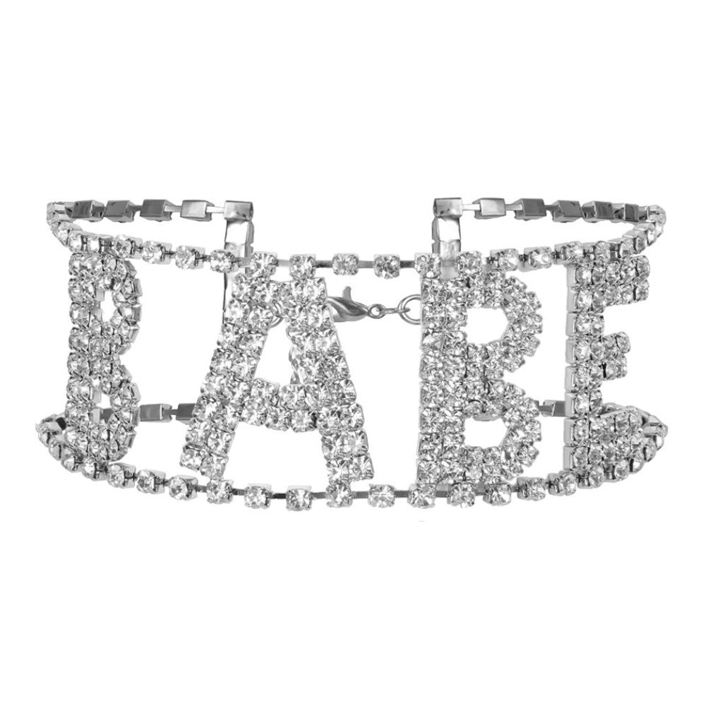 Rhinestone BABE Crystal Necklace Choker Collar - Silver