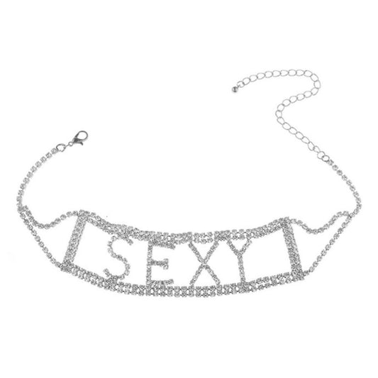 Rhinestone SEXY Crystal Necklace Choker Collar - Silver