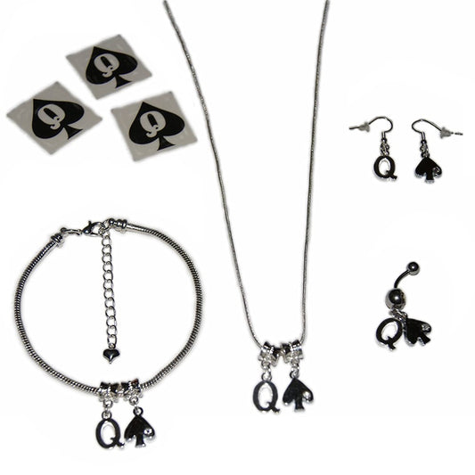 Queen Of Spades Anklet Necklace Earrings Tattoos Jewellery Gift Set - Style 1