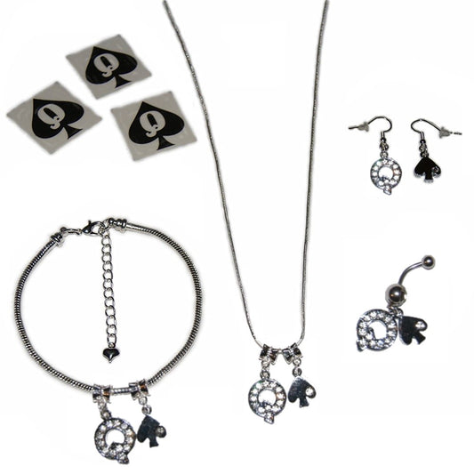 Queen Of Spades Anklet Necklace Earrings Tattoos Jewellery Gift Set - Style 2