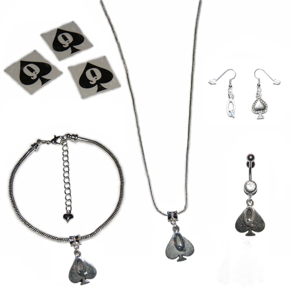 Queen Of Spades Anklet Necklace Earrings Tattoos Jewellery Gift Set - Style 3