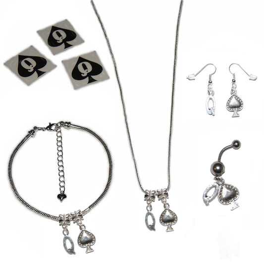 Queen Of Spades Anklet Necklace Earrings Tattoos Jewellery Gift Set - Style 4